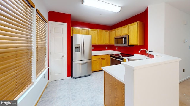 kitchen with kitchen peninsula, sink, and stainless steel appliances