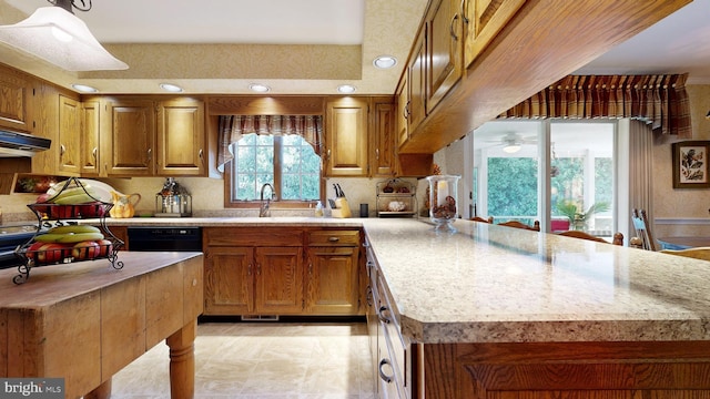 kitchen featuring sink, dishwasher, and ceiling fan