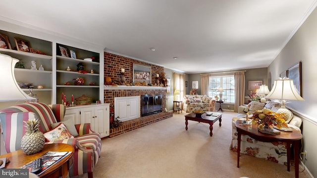 living room featuring ornamental molding, a fireplace, and light colored carpet