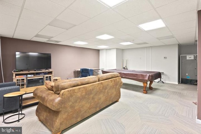 carpeted living room featuring pool table and a drop ceiling