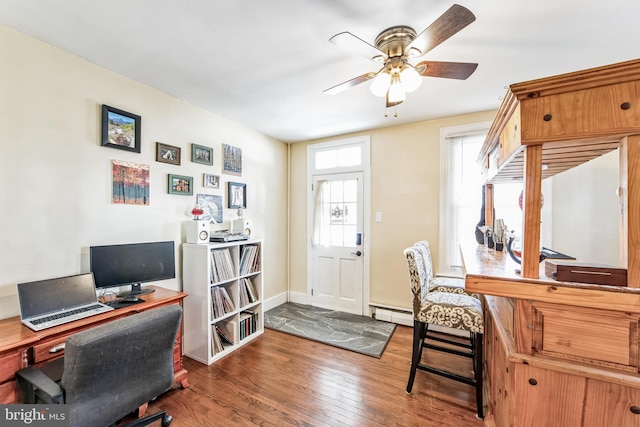 home office featuring baseboard heating, ceiling fan, and dark hardwood / wood-style floors