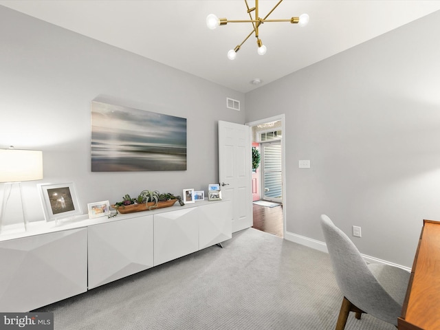 interior space with light carpet and an inviting chandelier