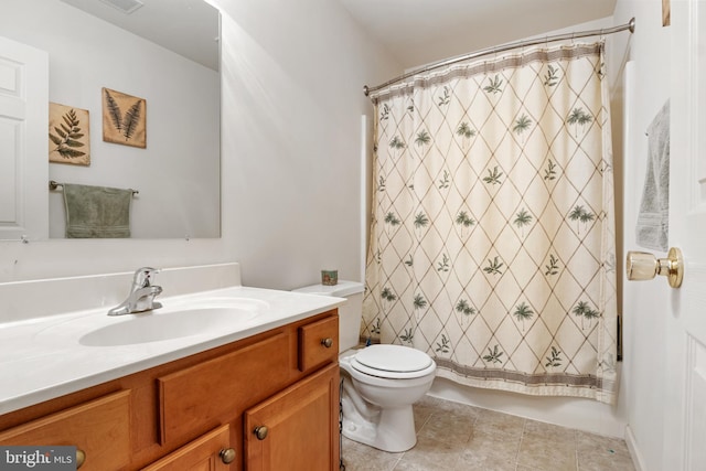 bathroom with toilet, visible vents, vanity, tile patterned floors, and shower / bath combo with shower curtain