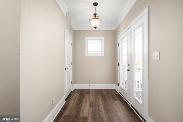 doorway with dark hardwood / wood-style flooring and ornamental molding