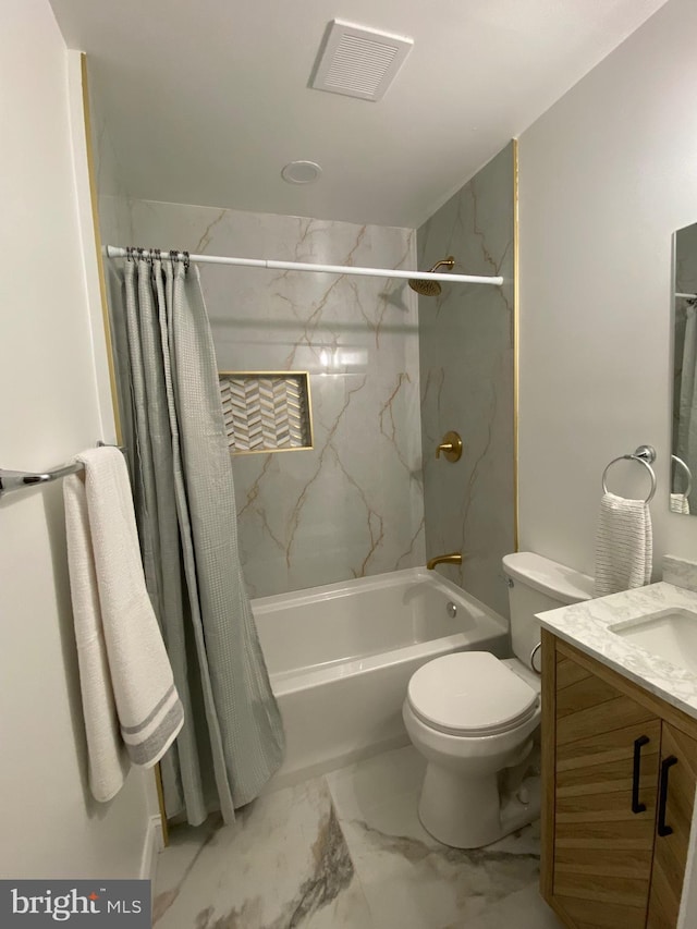 full bathroom featuring toilet, vanity, and shower / tub combo with curtain