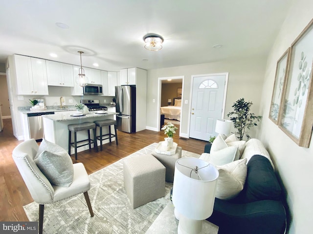 living room with sink and hardwood / wood-style floors