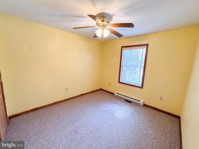 carpeted empty room featuring ceiling fan and a baseboard heating unit