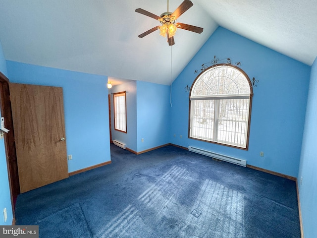 interior space featuring a baseboard radiator, ceiling fan, and lofted ceiling