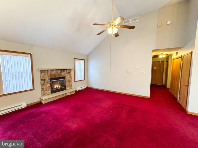 unfurnished living room with ceiling fan, a baseboard radiator, high vaulted ceiling, a fireplace, and carpet