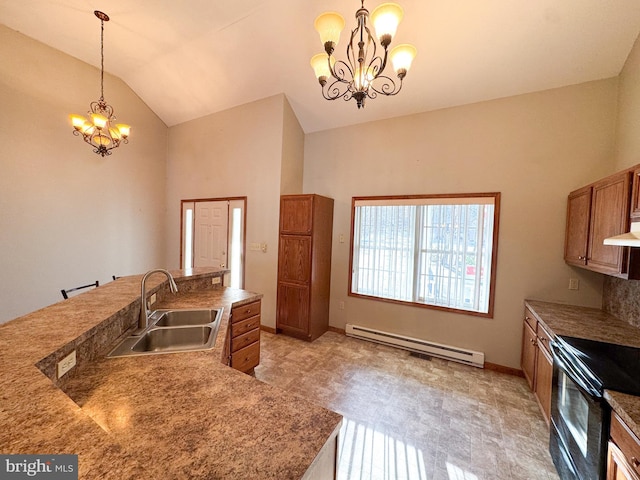 kitchen featuring stainless steel range with electric stovetop, an inviting chandelier, sink, vaulted ceiling, and a baseboard radiator