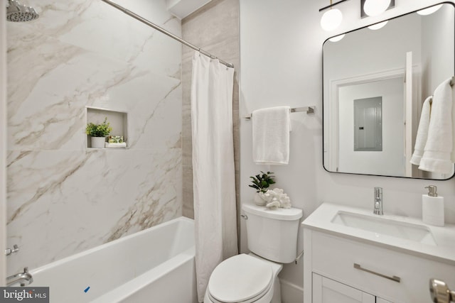 full bathroom with electric panel, vanity, shower / bath combination with curtain, and toilet