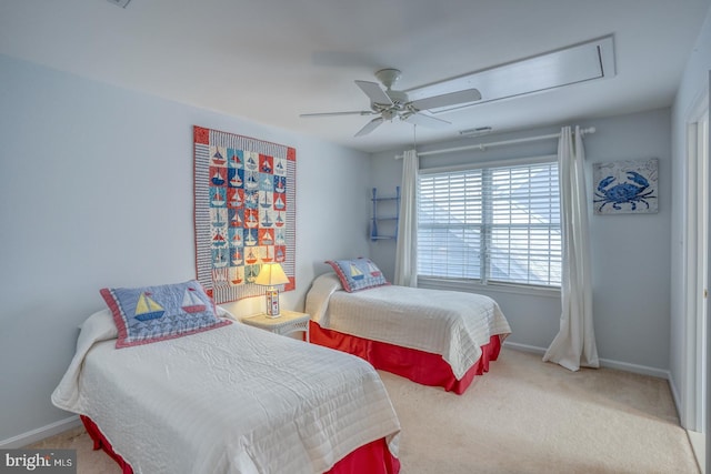 carpeted bedroom with ceiling fan