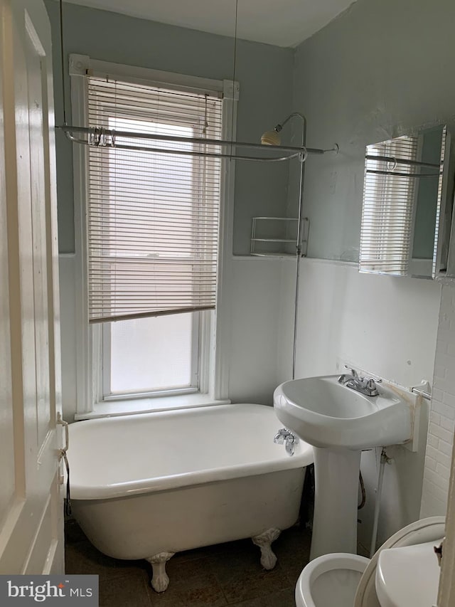 bathroom featuring plenty of natural light, a bath, and toilet