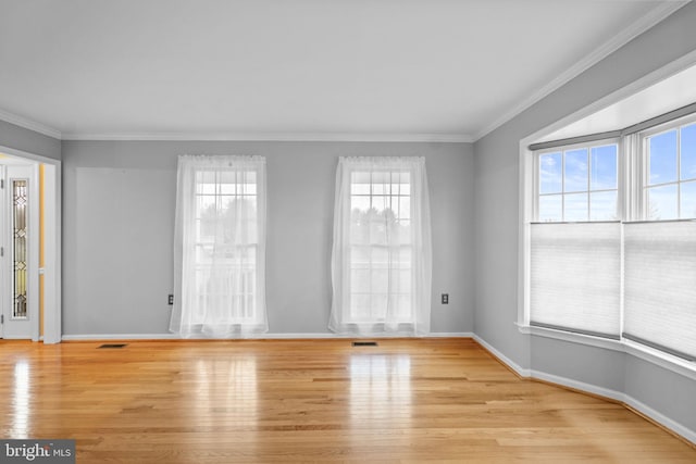 spare room with light hardwood / wood-style flooring, a healthy amount of sunlight, and crown molding