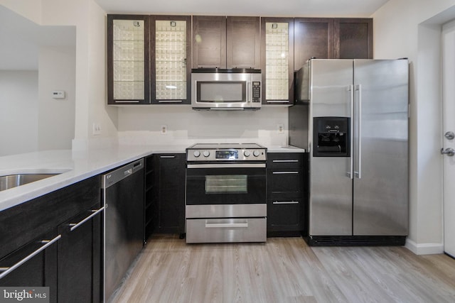 kitchen featuring a peninsula, light wood finished floors, stainless steel appliances, and light countertops