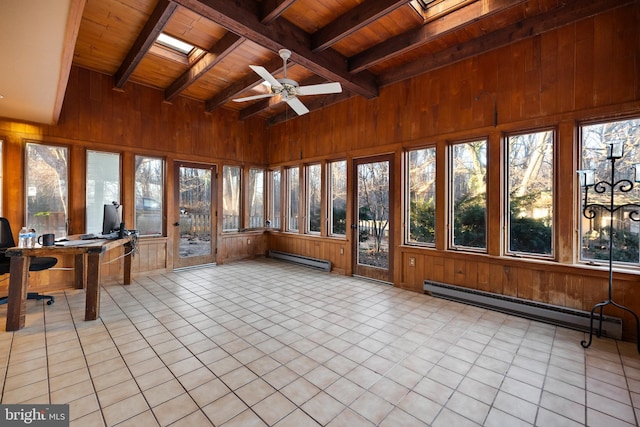 sunroom with wooden ceiling, vaulted ceiling with skylight, ceiling fan, and a baseboard radiator