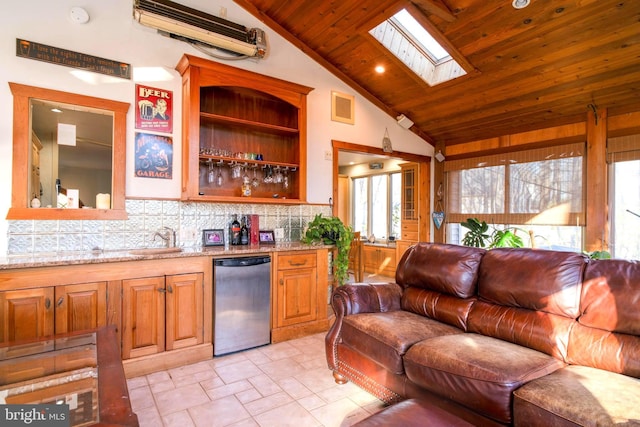 kitchen with light stone countertops, sink, wooden ceiling, stainless steel dishwasher, and decorative backsplash