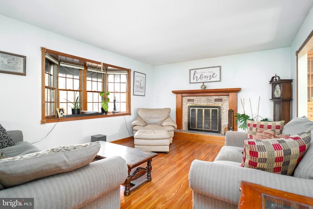 living room with a fireplace and wood-type flooring