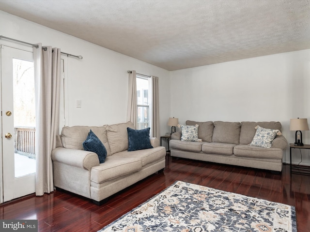 living room featuring a textured ceiling and dark wood-type flooring