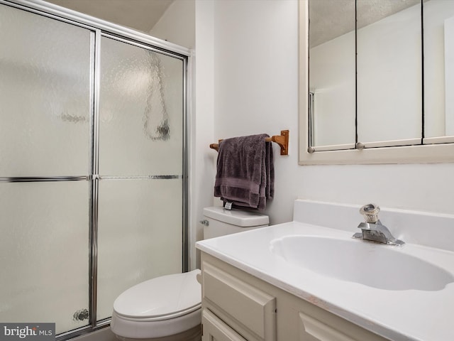 bathroom featuring toilet, an enclosed shower, and vanity