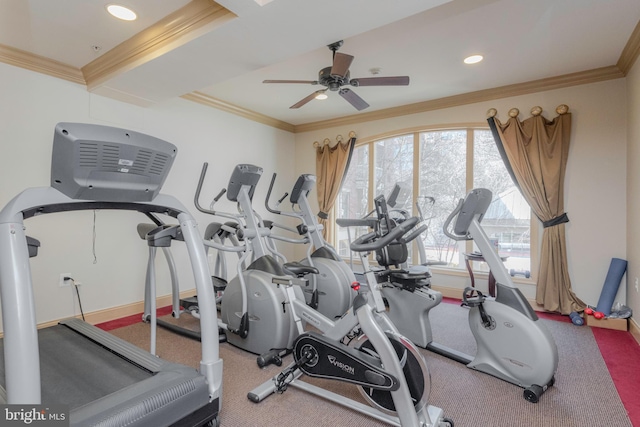 10205 Wincopin Cir Unit 405, Columbia, MD 21044 - workout area with ceiling fan, crown molding, recessed lighting, and carpet flooring