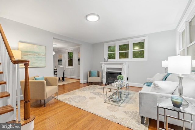 living room with hardwood / wood-style flooring and a healthy amount of sunlight