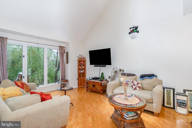 living room featuring light hardwood / wood-style floors and high vaulted ceiling