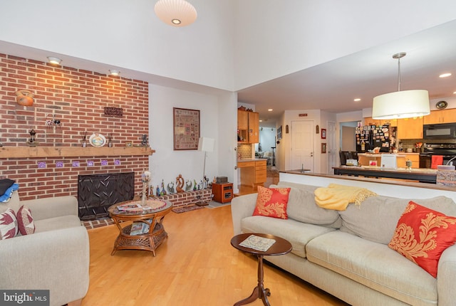 living room with a fireplace and light hardwood / wood-style flooring