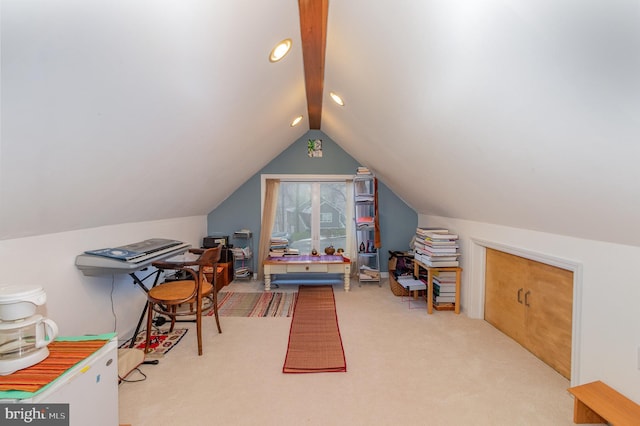 game room with vaulted ceiling with beams and carpet floors