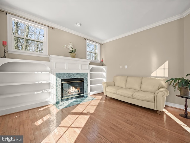 living room with a fireplace, ornamental molding, and hardwood / wood-style floors