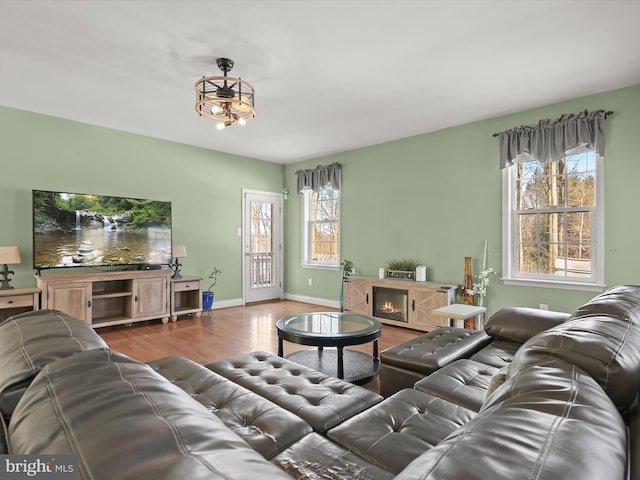 living room with dark hardwood / wood-style floors