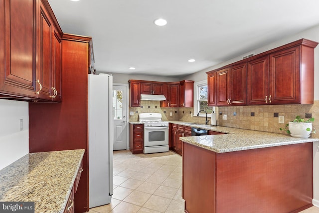 kitchen with a healthy amount of sunlight, fridge, white range with gas cooktop, and light stone counters