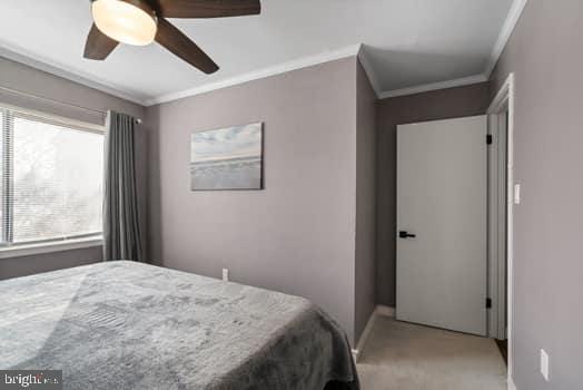 bedroom with carpet flooring, ceiling fan, and ornamental molding