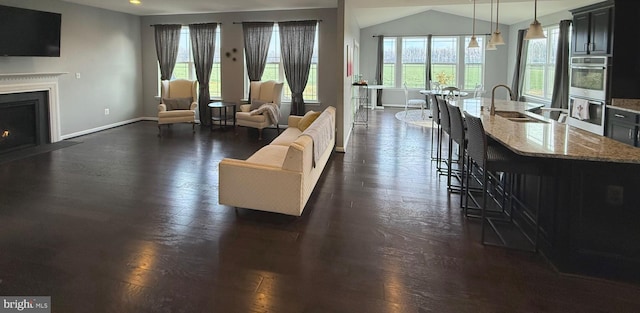 living room featuring dark hardwood / wood-style flooring, lofted ceiling, and sink