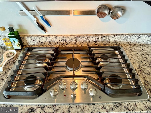 room details with stone countertops and stainless steel gas stovetop