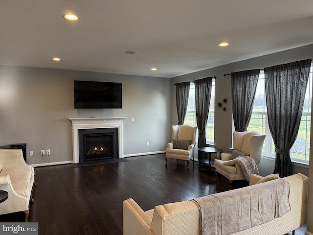 living room with dark wood-type flooring and a wealth of natural light