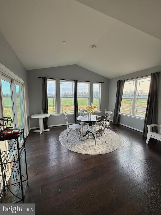 dining space with dark hardwood / wood-style flooring, a wealth of natural light, and lofted ceiling