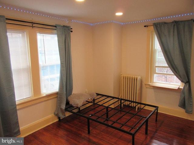 bedroom with radiator, multiple windows, and hardwood / wood-style flooring