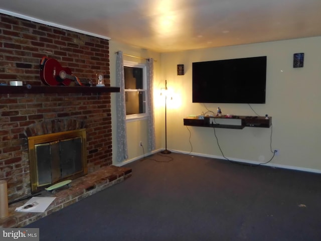 carpeted living room featuring a brick fireplace