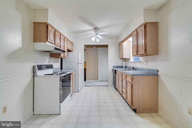 kitchen featuring white appliances, ceiling fan, and sink