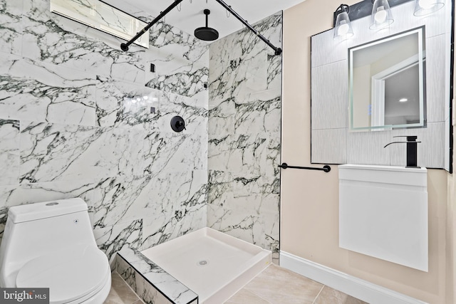 bathroom featuring walk in shower, tile patterned floors, tile walls, and toilet