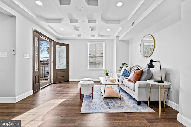 living room with beam ceiling, dark hardwood / wood-style flooring, and coffered ceiling