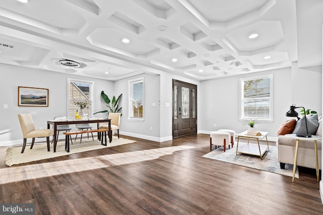 interior space with beamed ceiling, dark hardwood / wood-style floors, and coffered ceiling