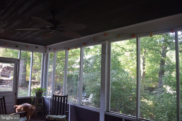 unfurnished sunroom with ceiling fan