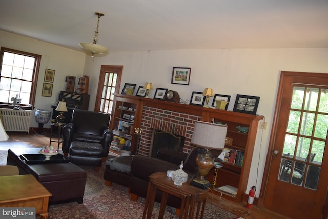 living room with a fireplace