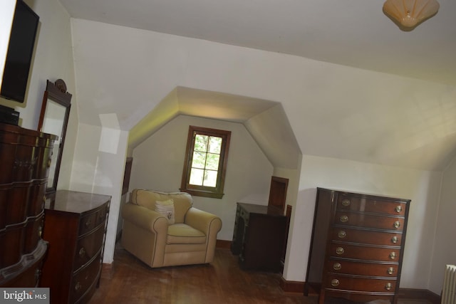 interior space with radiator, lofted ceiling, and dark hardwood / wood-style floors