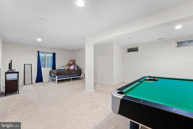 rec room with carpet and pool table