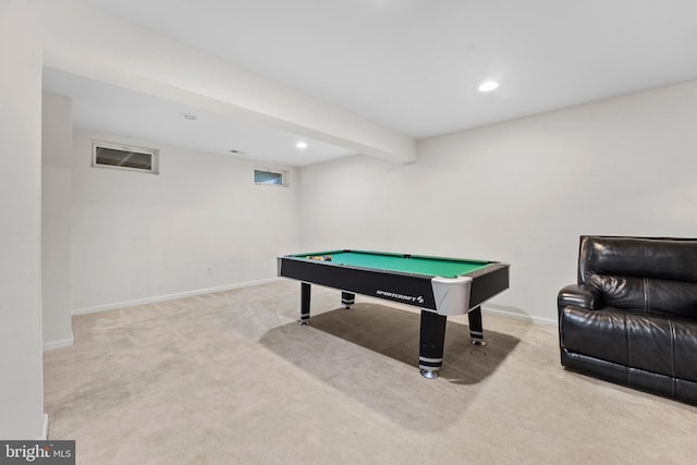 playroom featuring beam ceiling, light colored carpet, and billiards