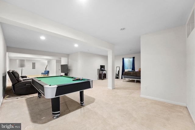 rec room with light carpet, electric panel, and pool table