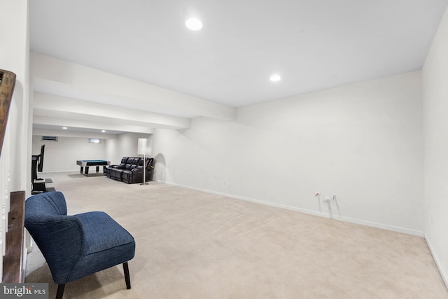 sitting room featuring light carpet and billiards